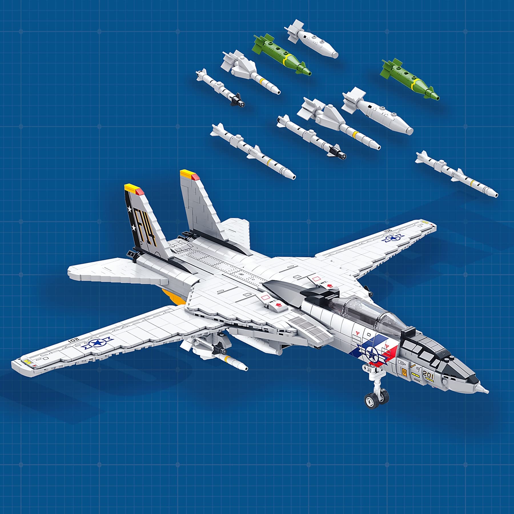 HI-REEKE F-14 Jet Fighter Plane Tomcat Military Building Set for Adult, Army Model Jet Fighter Plane 1:34-1600 PCS