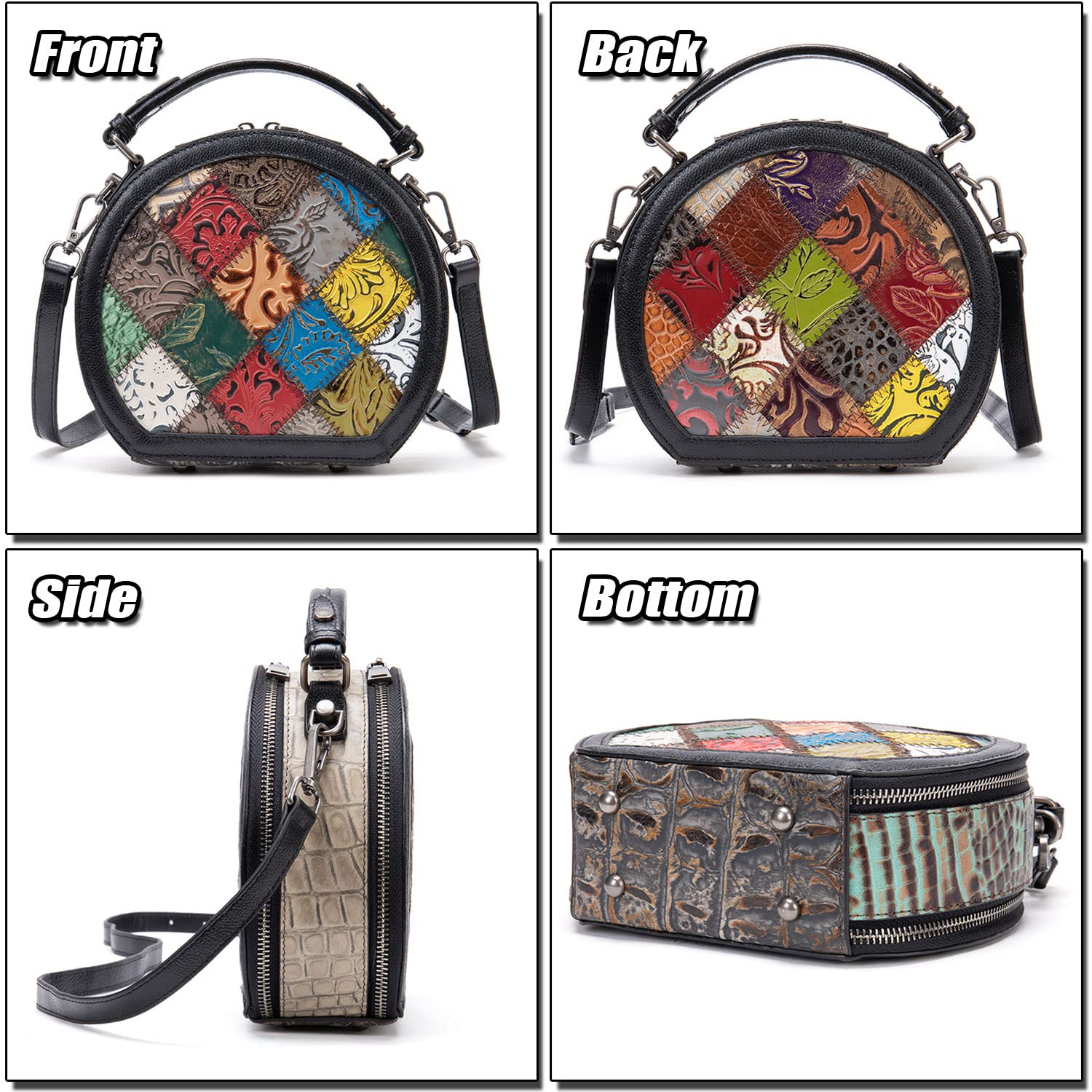 Round Patchwork Genuine Leather Shoulder Bag for Women, Colorful Small Cell Phone Crossbody Purse, Ladies Stylish Handbag