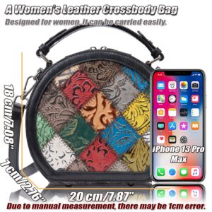 Round Patchwork Genuine Leather Shoulder Bag for Women, Colorful Small Cell Phone Crossbody Purse, Ladies Stylish Handbag