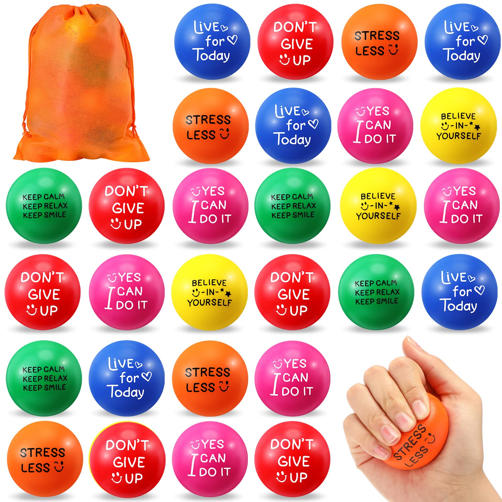 60 Pieces Motivational Stress Balls 1.97 Inch Inspirational Stress Relief Ball Bulk Hand Exercise Balls Encouraging Colorful Foam Balls Anxiety Small Balls with Quotes for Kids Adults Teens, 6 Styles