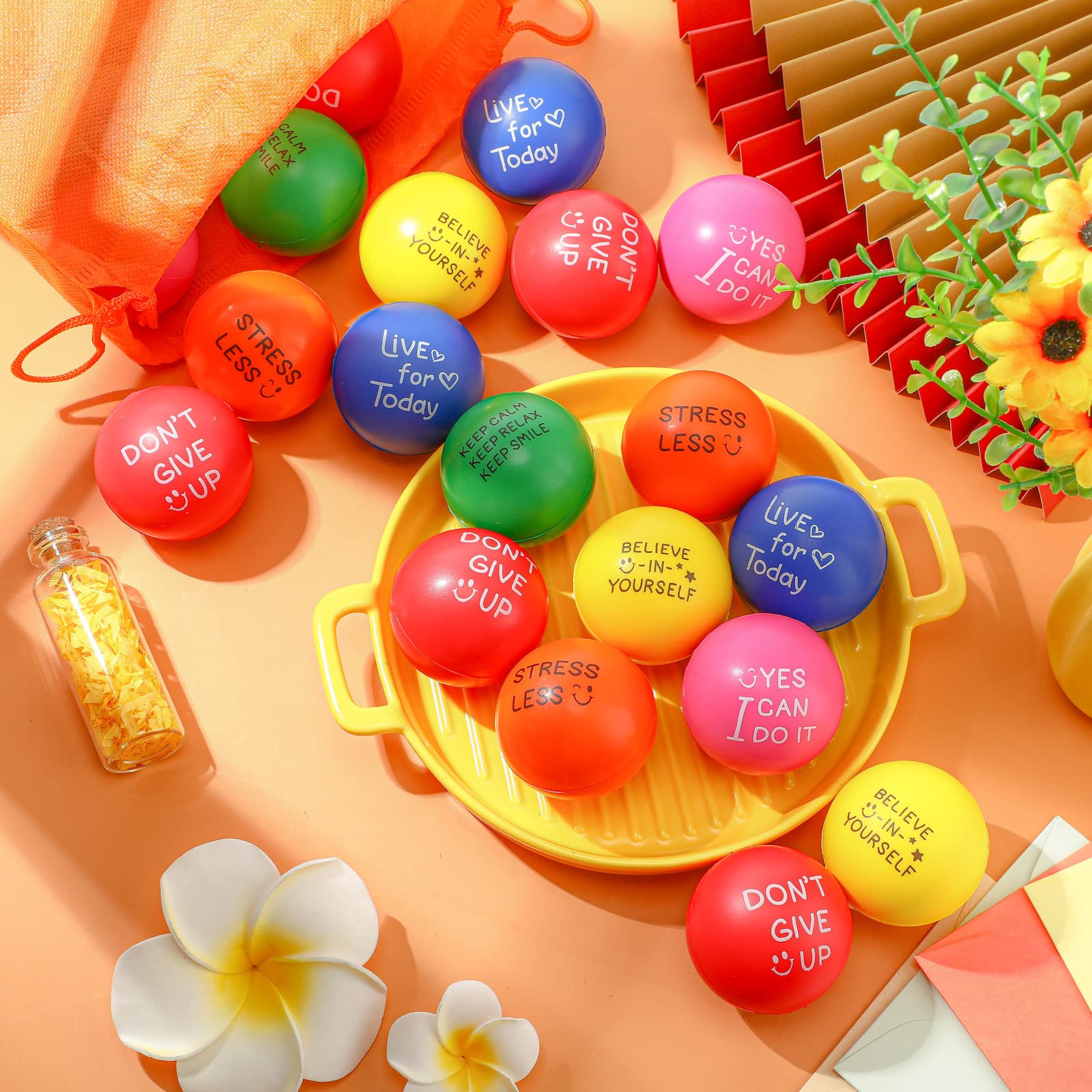 60 Pieces Motivational Stress Balls 1.97 Inch Inspirational Stress Relief Ball Bulk Hand Exercise Balls Encouraging Colorful Foam Balls Anxiety Small Balls with Quotes for Kids Adults Teens, 6 Styles