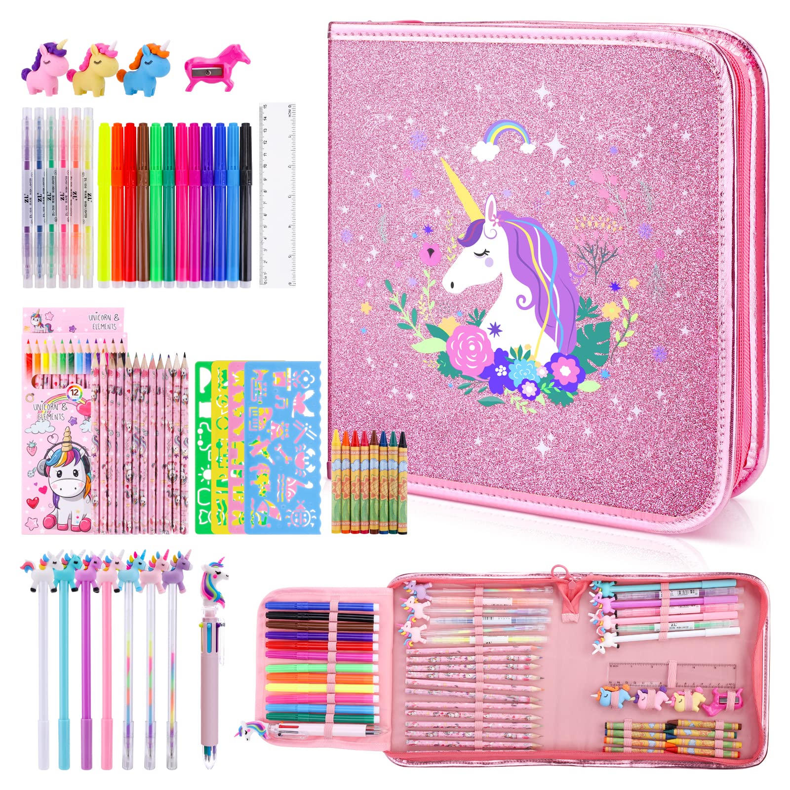 56 Pc Fruit Scented Marker Set with Glitter Unicorn Case, Art Supplies Kit for Kids Ages 4-8