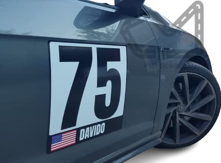 Race Car Number Plate Vinyl Decal - Permanent, Reusable and Magnet Available - Driver Name + Flag (12 Inches, Magnet))