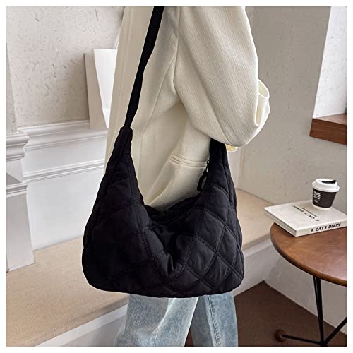 Quilted Bags For Women Crossbody Lightweight Padding Puffer Tote Bag Trendy Y2k Puffy Shoulder Bag Trendy Y2k Hobo Bag (Black)