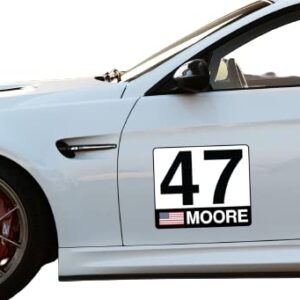 Race Car Number Plate Vinyl Decal - Permanent, Reusable and Magnet Available - Driver Name + Flag (12 Inches, Magnet))