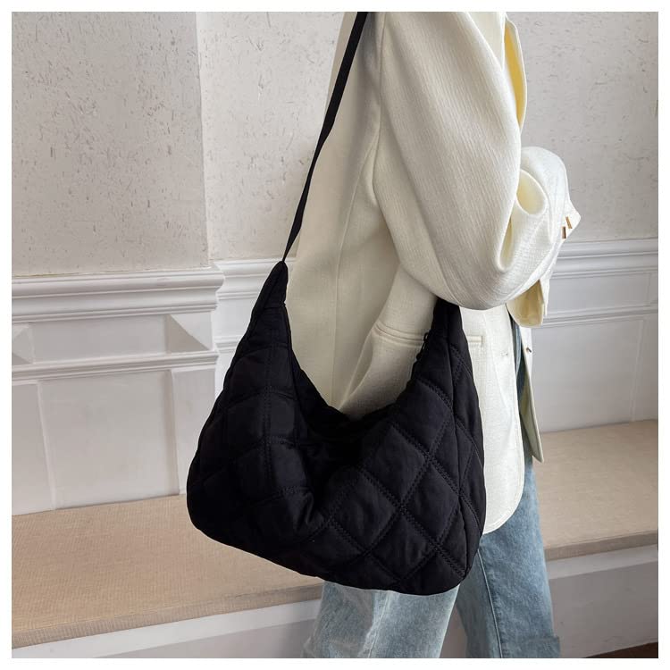 Quilted Bags For Women Crossbody Lightweight Padding Puffer Tote Bag Trendy Y2k Puffy Shoulder Bag Trendy Y2k Hobo Bag (Black)