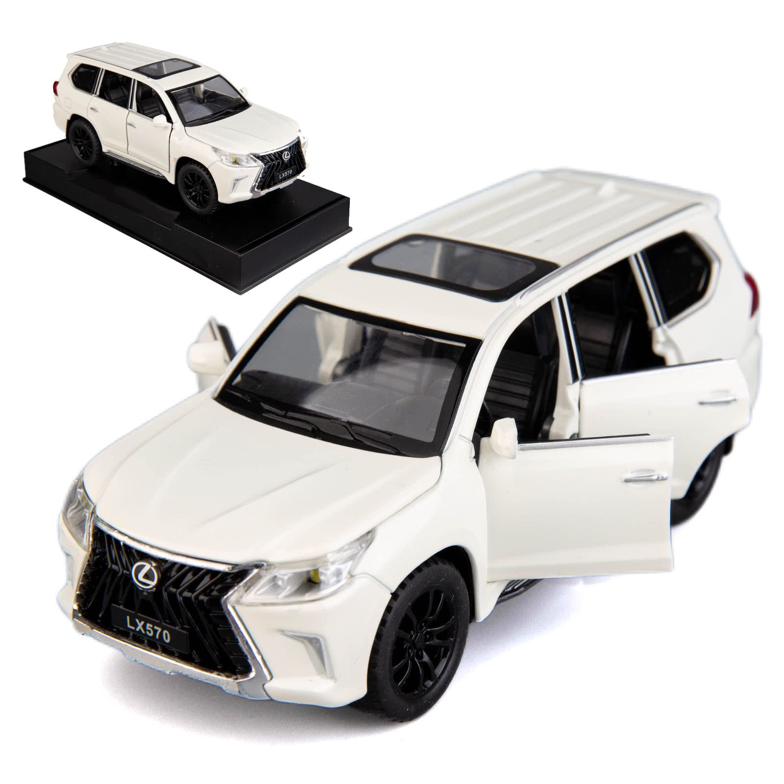 BDTCTK 1/32 Compatible for Lexus LX570 Off-Road in Luxury SUV Model Car, Zinc Alloy Pull Back Toy car with Sound and Light for Kids Boy Girl Gift(White)