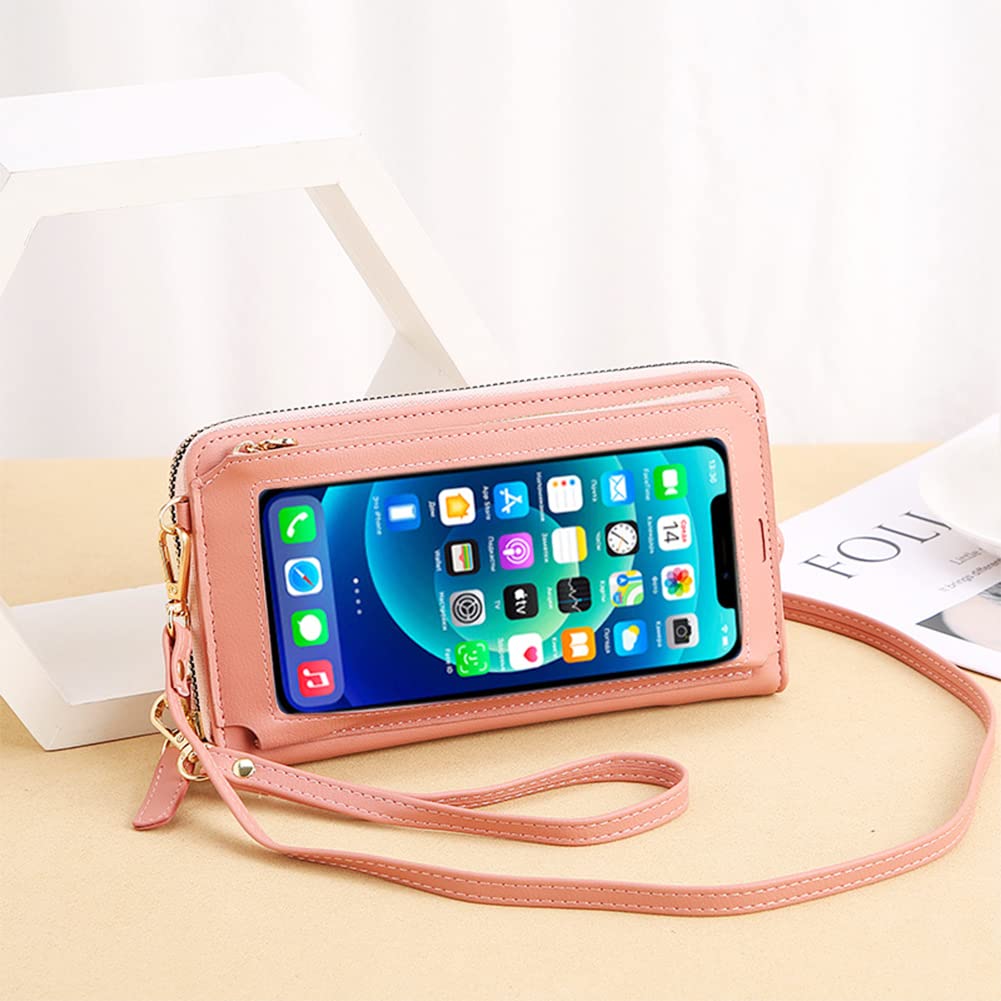 KAKKOII Touch Screen Phone Bag, Crossbody Cell Phone Purses For Women, Leather Clutch Bag, Multi Card Organizer, Shoulder Handbag Wallet(Pink)