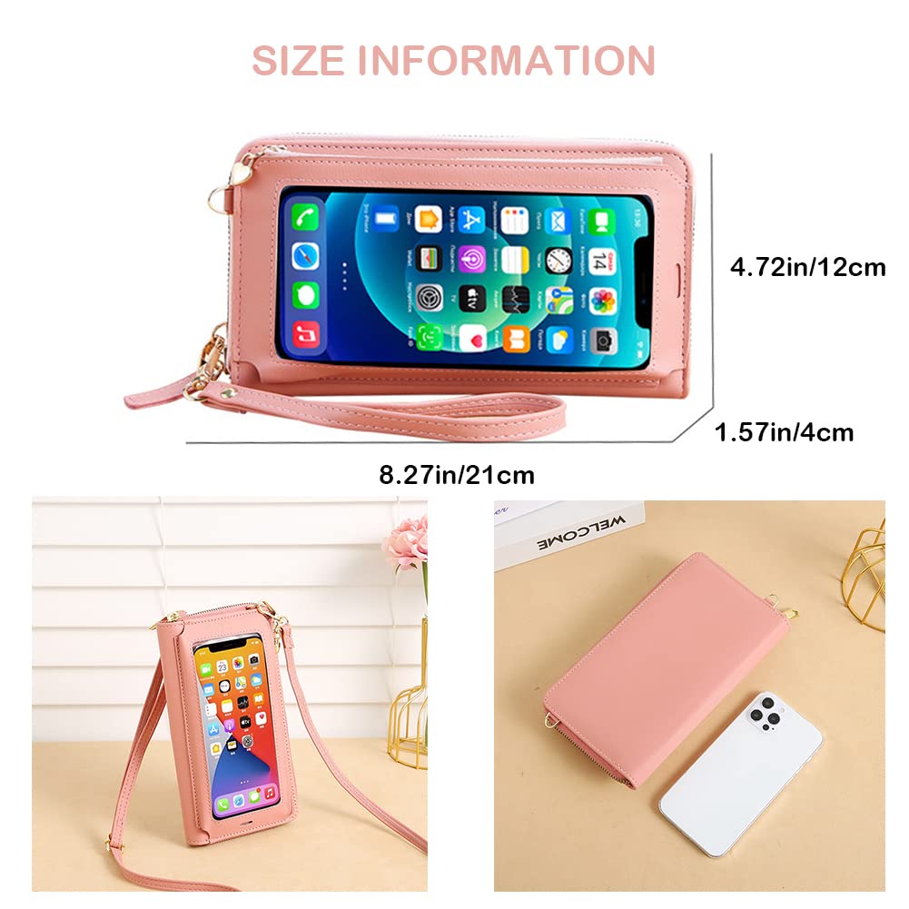 KAKKOII Touch Screen Phone Bag, Crossbody Cell Phone Purses For Women, Leather Clutch Bag, Multi Card Organizer, Shoulder Handbag Wallet(Pink)