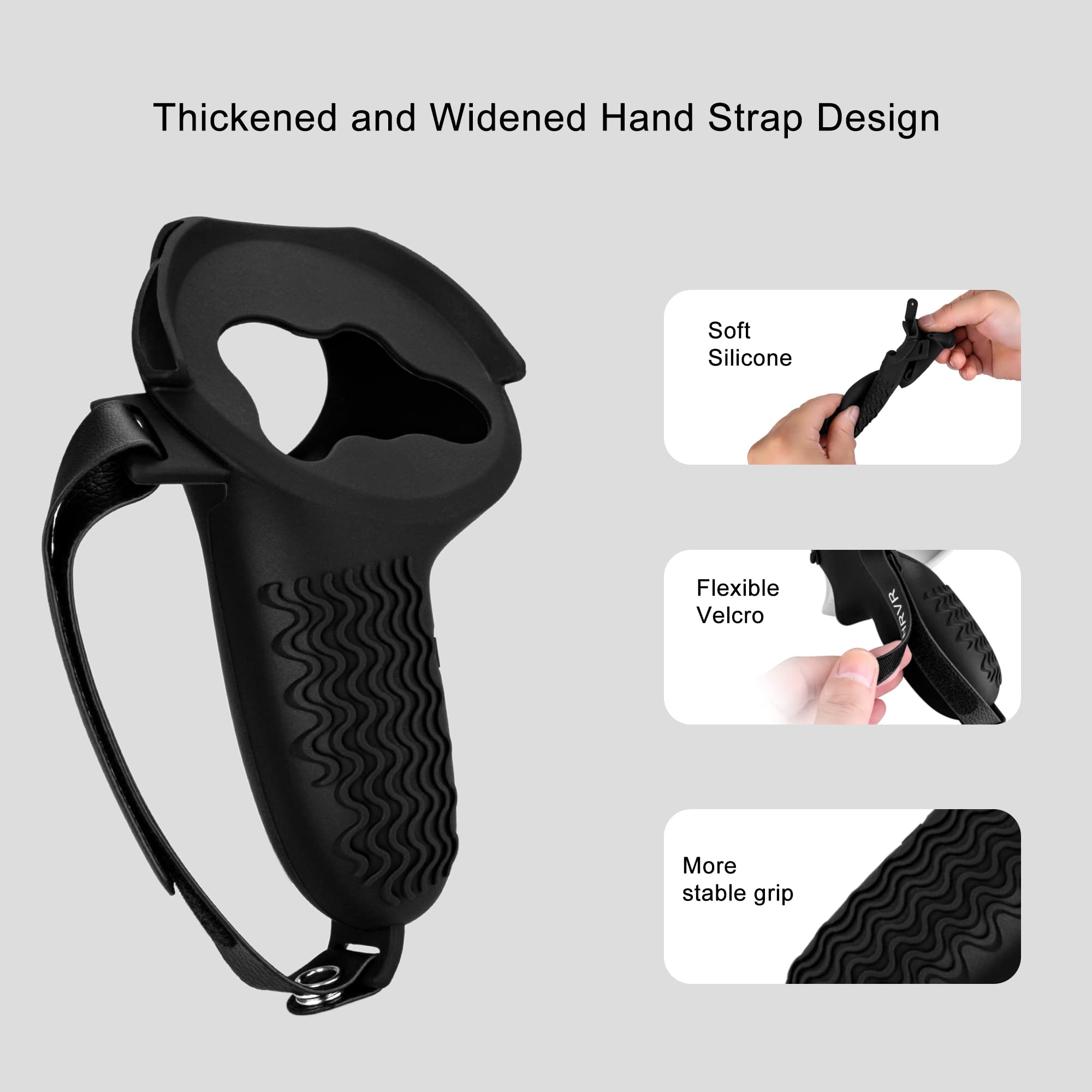 HCHRVR for Meta Quest 2 Controller Grips Accessories, Anti-Throw Silicone Grip Cover Protector with Knuckle Straps 。Anti-Bumping Silicone Halo Cover with Protection. (Black)