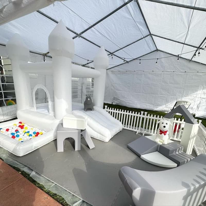 White Bounce House, Castle Theme Kids Inflatable Trampoline with UL Blower, Durable and Easy to Set up, Safe and Fun for Active Kids.