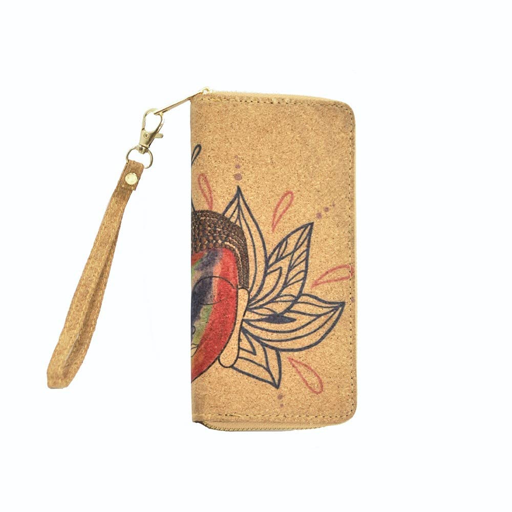 Soul Living Creations Buddha Cork Vegan Wristlet Wallet - Spiritual Design- rooom for credit cards, coins & bills and cellphone