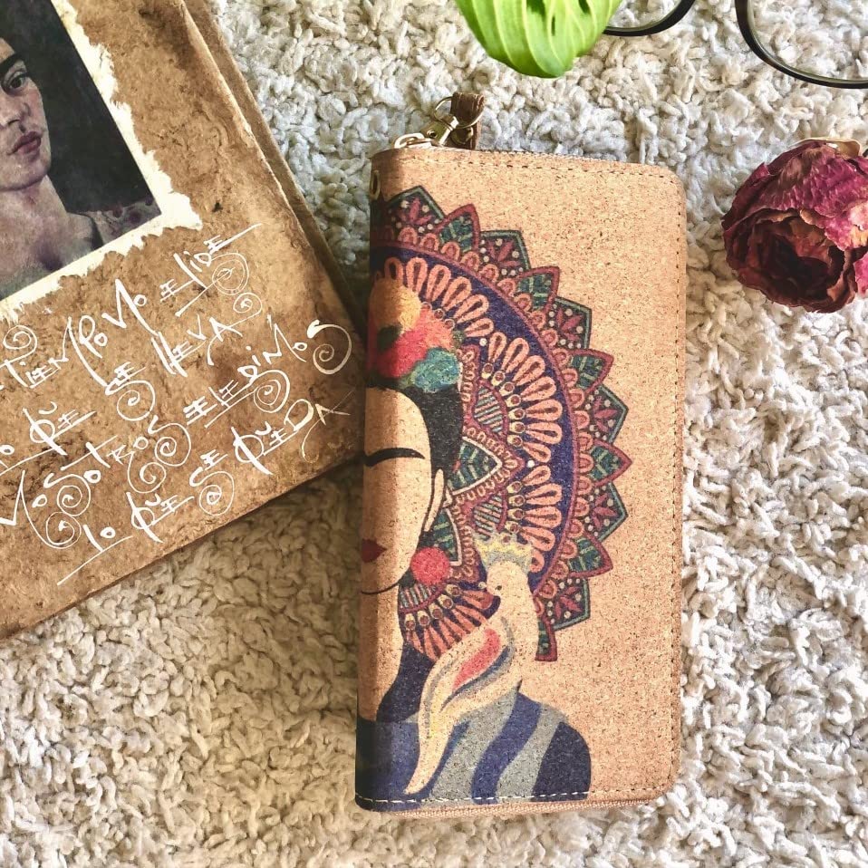 Soul Living Creations Frida Kahlo Cork Vegan Wristlet Wallet Mexican Art Design (BLUE)