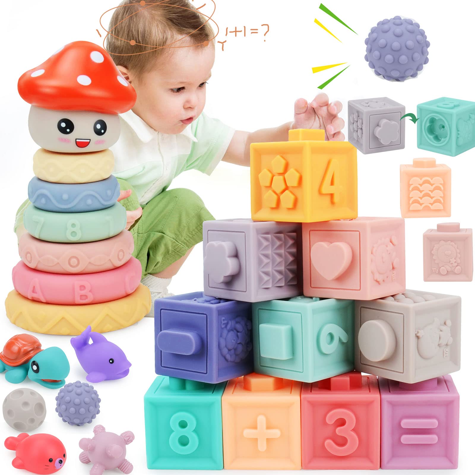 Snlywan Montessori Toys for Babies 6-12 Months,25 PCS Infant Baby Blocks,Incl Soft Blocks for Babies & Stacking Rings & Sensory Balls & Baby Bath Toys,Sensory Developmental Learning Toys for Babies