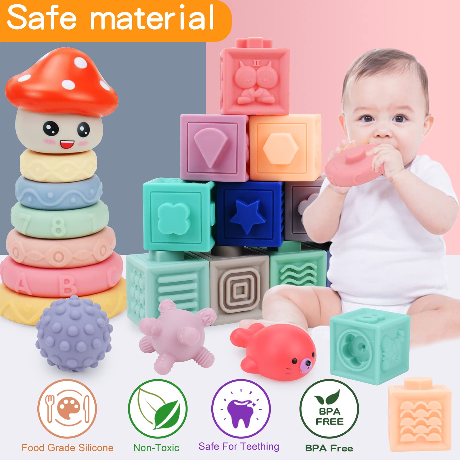 Snlywan Montessori Toys for Babies 6-12 Months,25 PCS Infant Baby Blocks,Incl Soft Blocks for Babies & Stacking Rings & Sensory Balls & Baby Bath Toys,Sensory Developmental Learning Toys for Babies