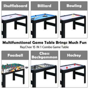 RayChee 15-in-1 Multi Game Table Set, Combo Game Tables w/Foosball, Hockey, Pool, Ping Pong, Basketball, Chess, Bowling, Shuffleboard for Home, Game Room, Friends & Family