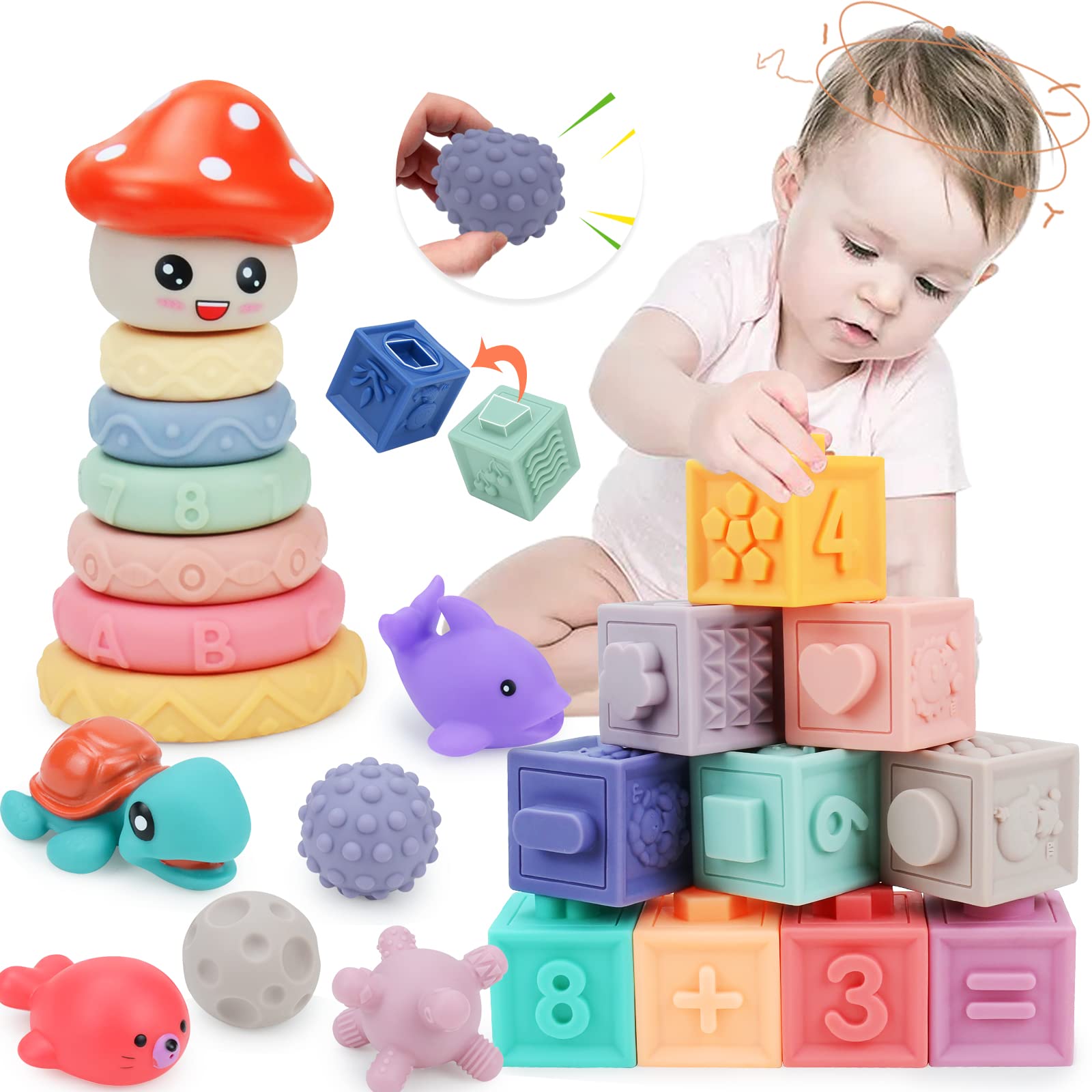 Snlywan Montessori Toys for Babies 6-12 Months,25 PCS Infant Baby Blocks,Incl Soft Blocks for Babies & Stacking Rings & Sensory Balls & Baby Bath Toys,Sensory Developmental Learning Toys for Babies