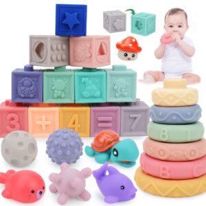 Snlywan Montessori Toys for Babies 6-12 Months,25 PCS Infant Baby Blocks,Incl Soft Blocks for Babies & Stacking Rings & Sensory Balls & Baby Bath Toys,Sensory Developmental Learning Toys for Babies