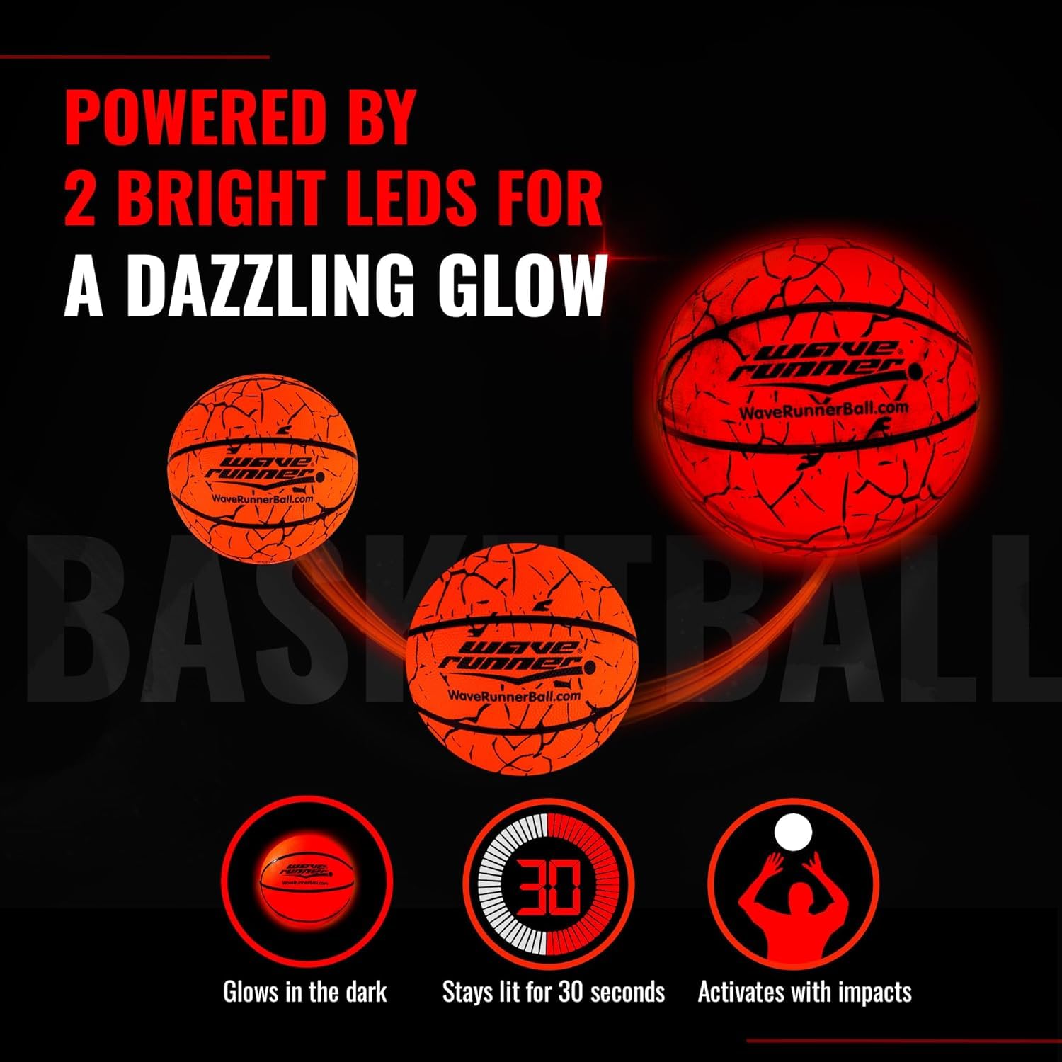 Wave Runner Glow in The Dark Basketball -Official Size 7 Light Up Toys for Night Ball Games, Regulation Size, Tap Activated - Ideal Glow Basketball Gifts and Toy Basketball (Orange w/Cracks)