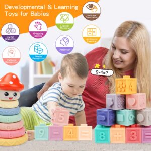 Snlywan Montessori Toys for Babies 6-12 Months,25 PCS Infant Baby Blocks,Incl Soft Blocks for Babies & Stacking Rings & Sensory Balls & Baby Bath Toys,Sensory Developmental Learning Toys for Babies