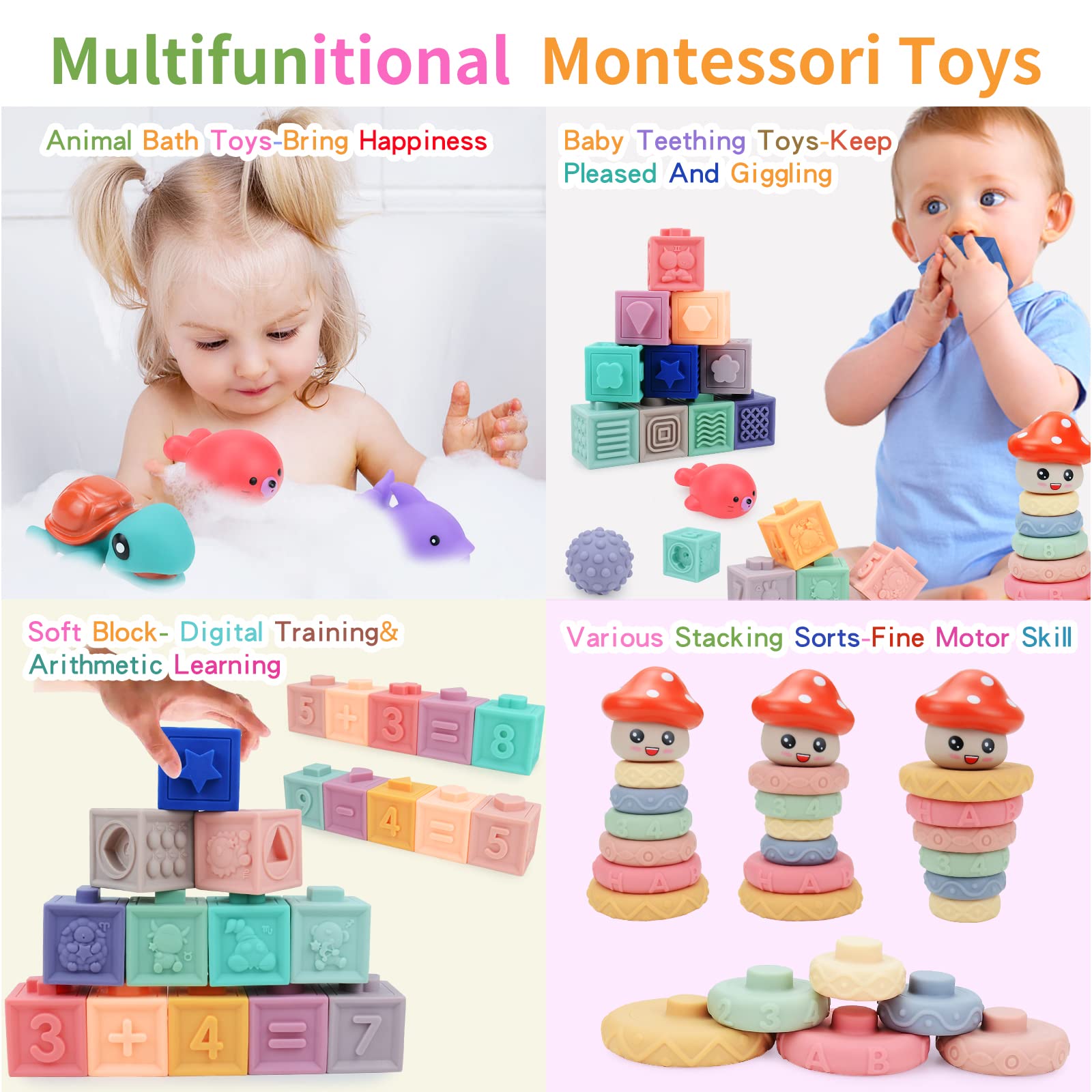 Snlywan Montessori Toys for Babies 6-12 Months,25 PCS Infant Baby Blocks,Incl Soft Blocks for Babies & Stacking Rings & Sensory Balls & Baby Bath Toys,Sensory Developmental Learning Toys for Babies