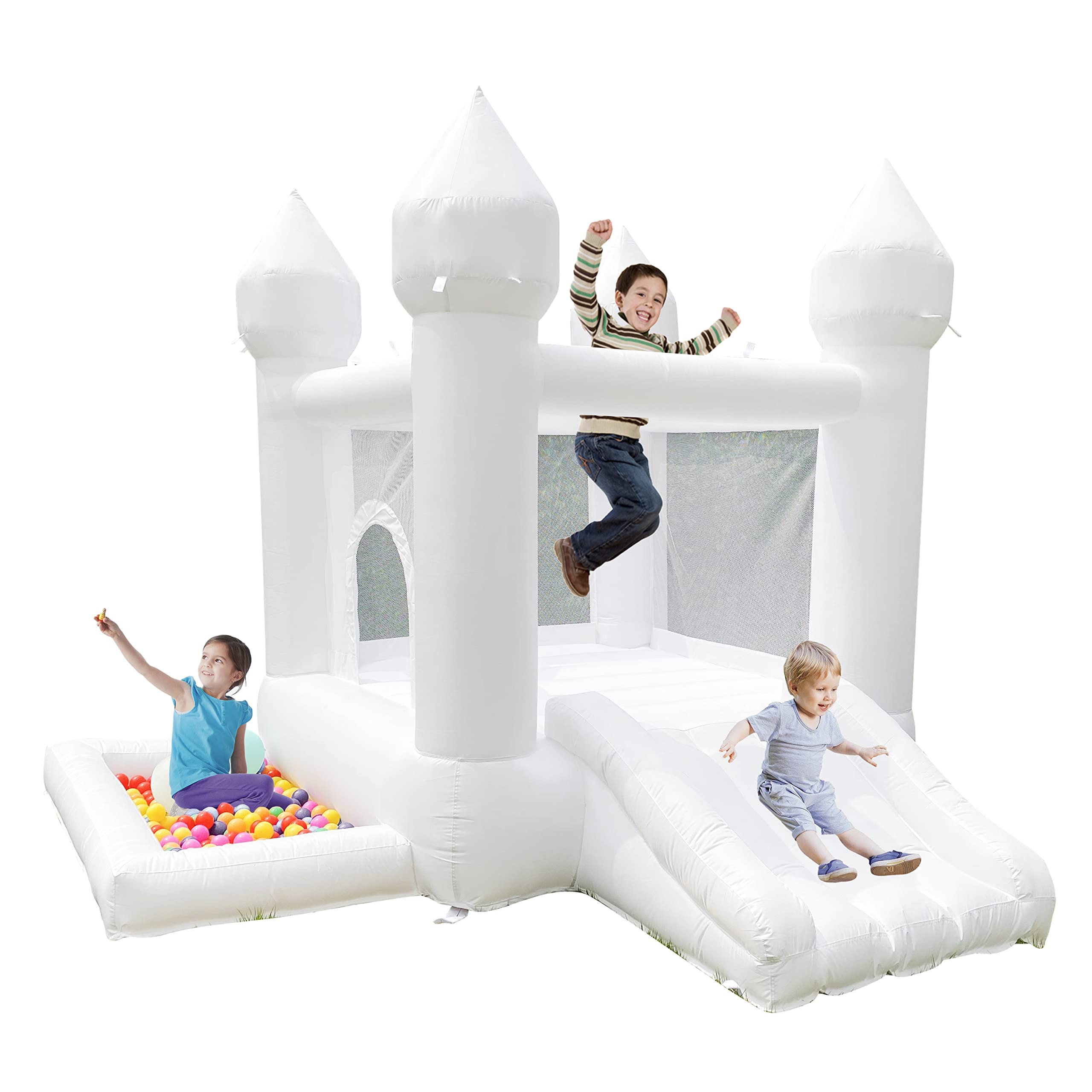 White Bounce House, Castle Theme Kids Inflatable Trampoline with UL Blower, Durable and Easy to Set up, Safe and Fun for Active Kids.