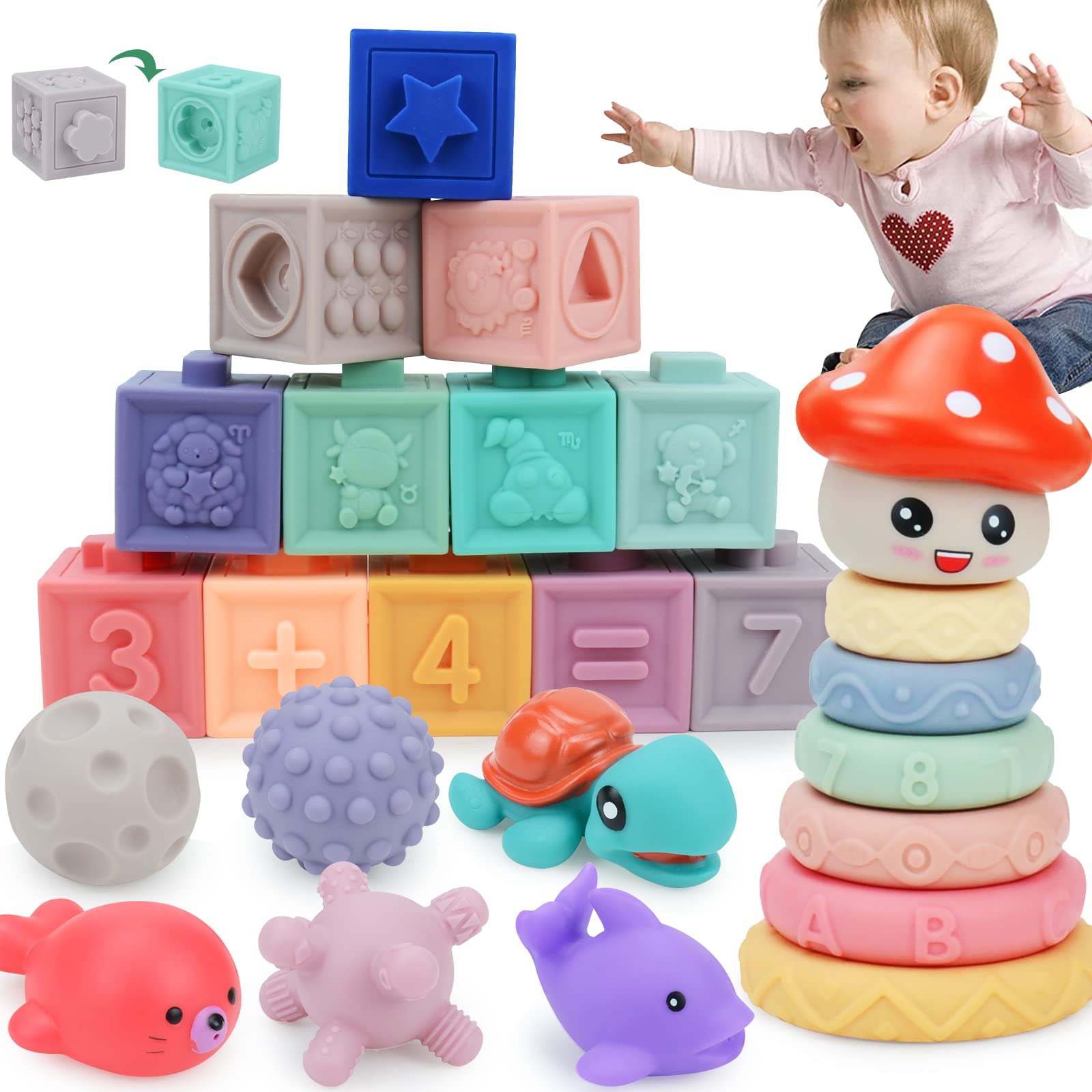 Snlywan Montessori Toys for Babies 6-12 Months,25 PCS Infant Baby Blocks,Incl Soft Blocks for Babies & Stacking Rings & Sensory Balls & Baby Bath Toys,Sensory Developmental Learning Toys for Babies