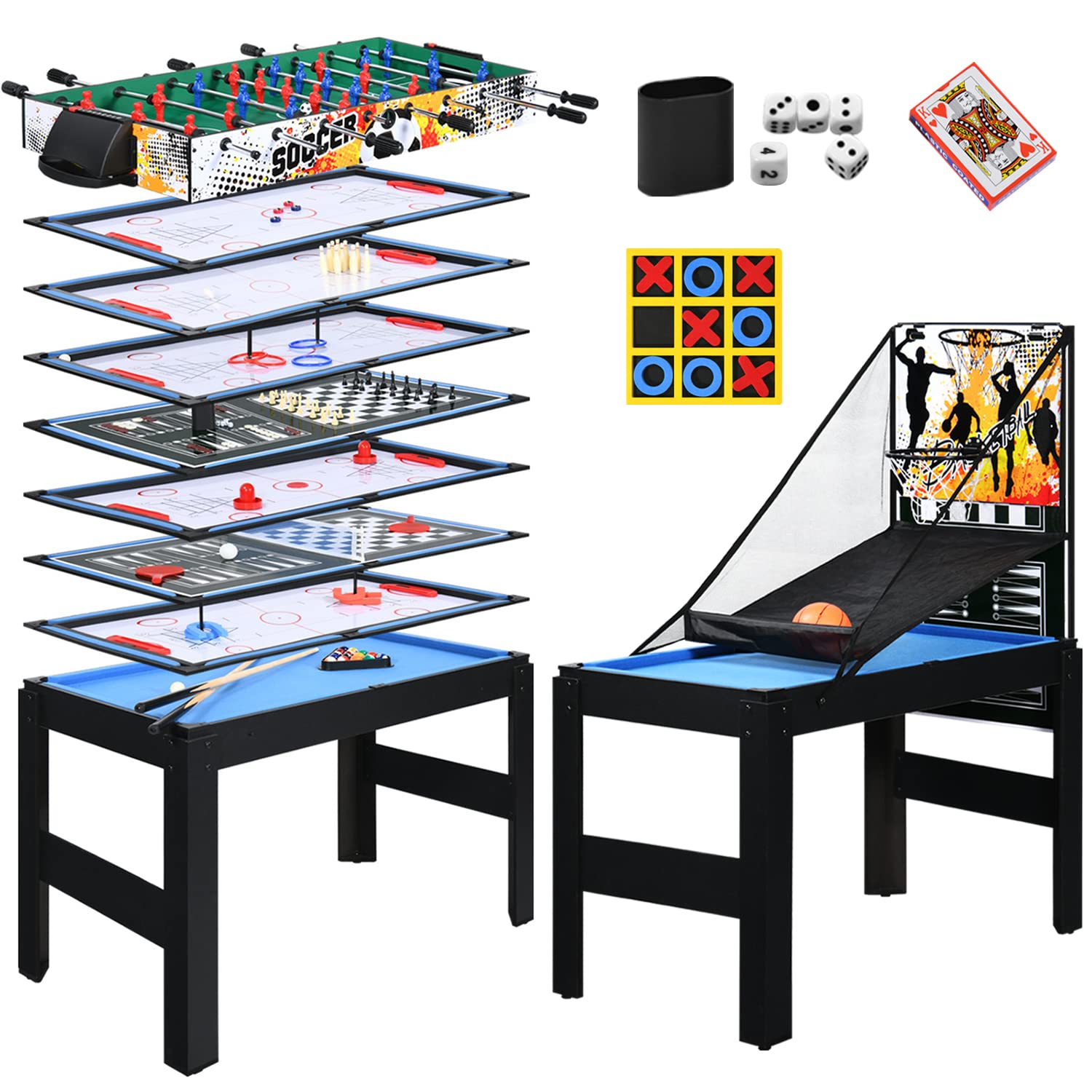 RayChee 15-in-1 Multi Game Table Set, Combo Game Tables w/Foosball, Hockey, Pool, Ping Pong, Basketball, Chess, Bowling, Shuffleboard for Home, Game Room, Friends & Family