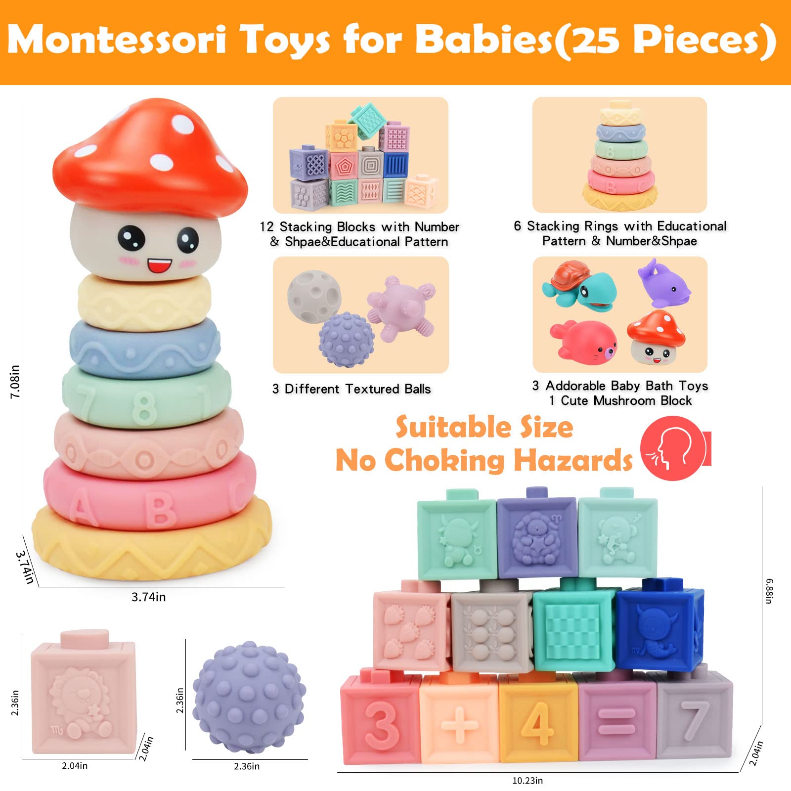 Snlywan Montessori Toys for Babies 6-12 Months,25 PCS Infant Baby Blocks,Incl Soft Blocks for Babies & Stacking Rings & Sensory Balls & Baby Bath Toys,Sensory Developmental Learning Toys for Babies