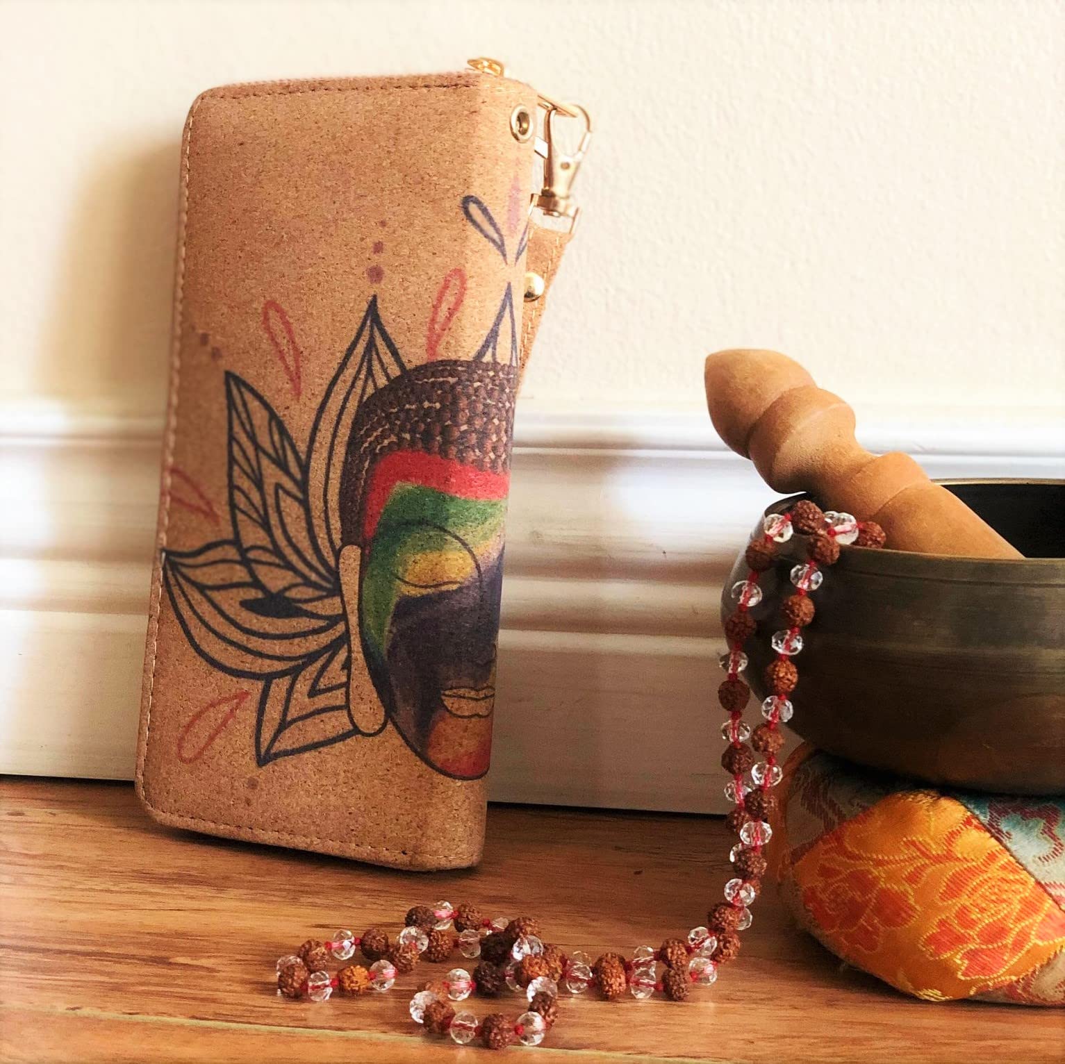 Soul Living Creations Buddha Cork Vegan Wristlet Wallet - Spiritual Design- rooom for credit cards, coins & bills and cellphone