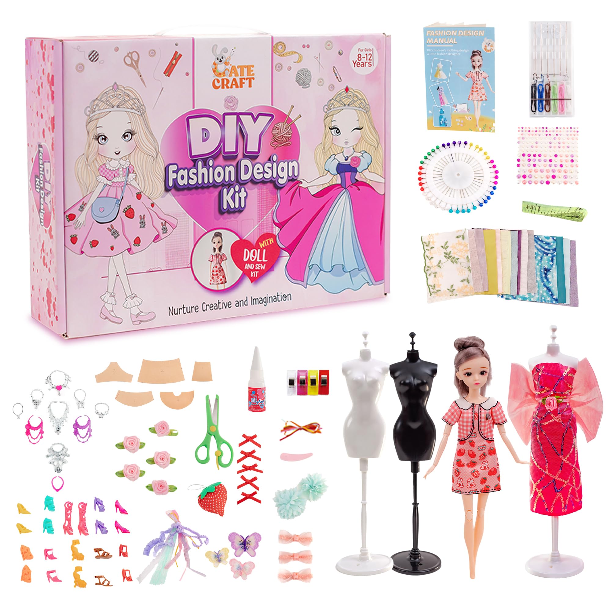 Cate Craft Fashion Design Sewing Kit for Girls Ages 6-12 with Doll, Mannequins, Fabrics, Tools