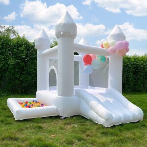 white bounce house, castle theme kids inflatable trampoline with ul blower, durable and easy to set up, safe and fun for active kids.