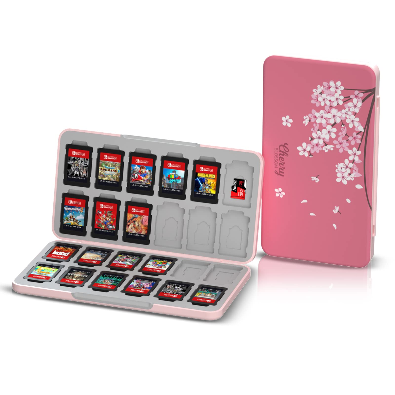 NANANINO Switch Game Case Pink, Cherry Blossoms Pattern Switch Game Card Case with 24 Game Card Slots and 24 Micro SD Card Slots