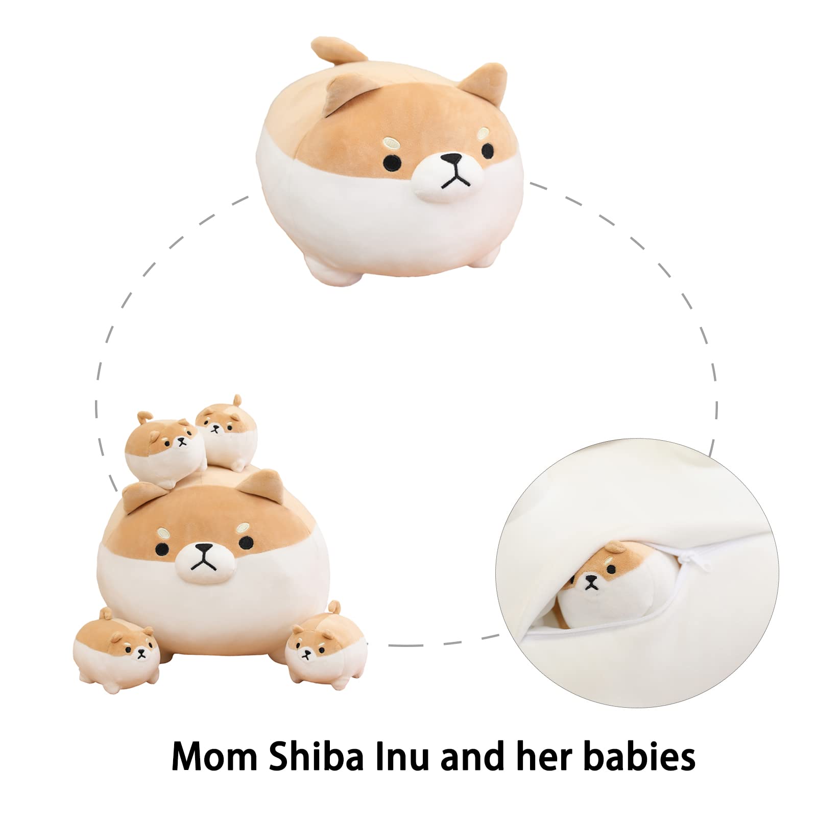 SQEQE Stuffed Animal Shiba Inu Plush Toy with 4 Baby Shiba Inu Plushies in her Tummy, Stuffed Cotton Plush Animal Toy Gift for Kids