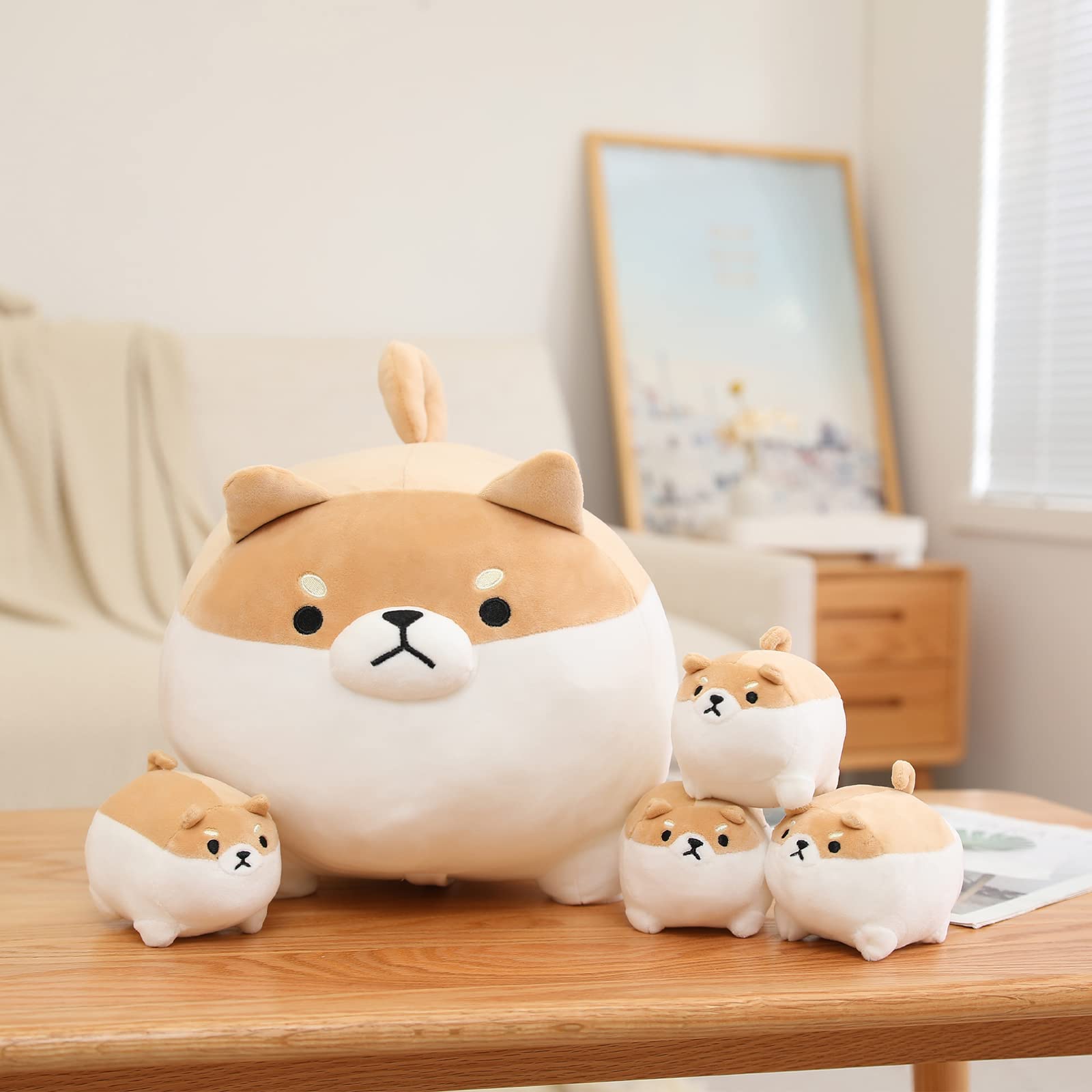 SQEQE Stuffed Animal Shiba Inu Plush Toy with 4 Baby Shiba Inu Plushies in her Tummy, Stuffed Cotton Plush Animal Toy Gift for Kids