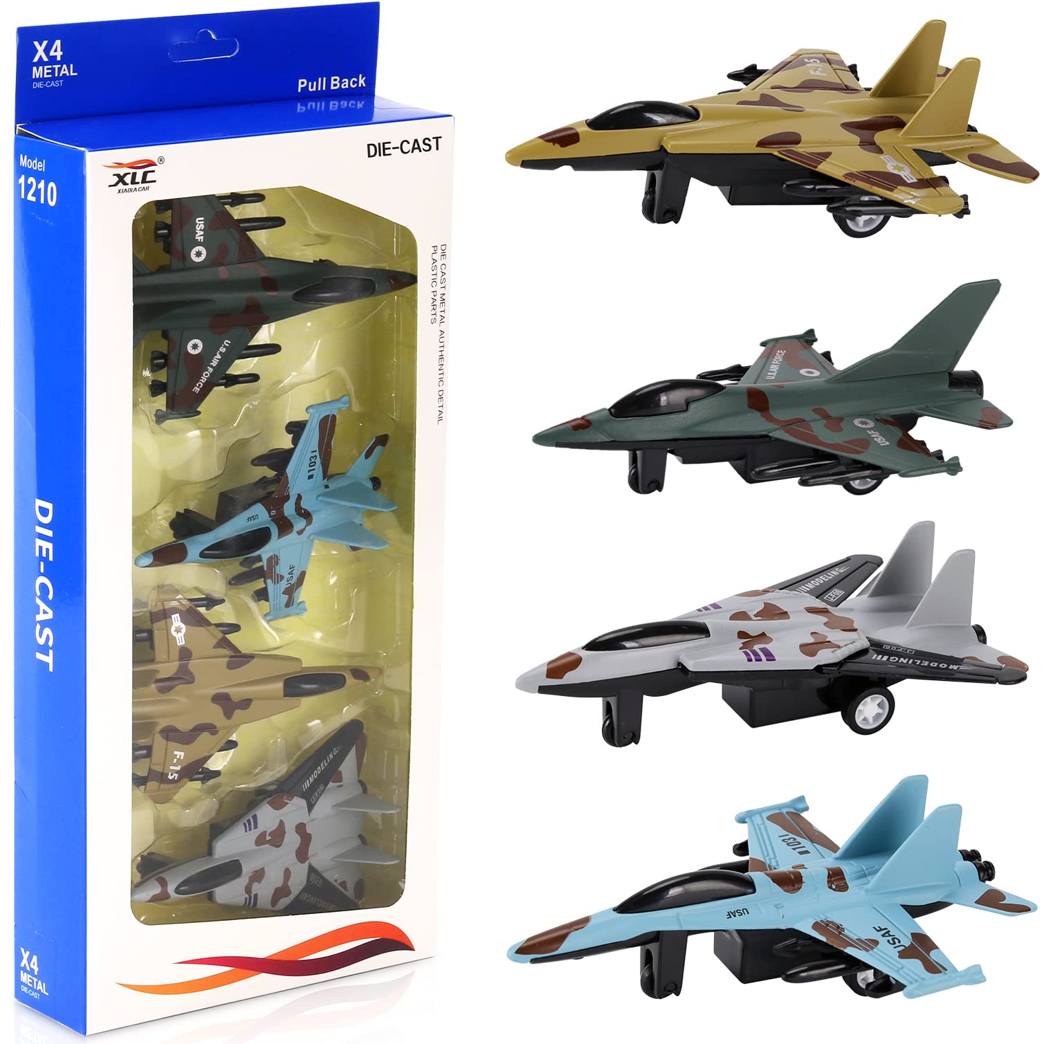 4 Pack: Diecast Fighter Jets Pullback Airplane Military Plane Toys Army Air Force Party Favors Kids Playset and Durable Die-cast Metal Miniature Aircraft Models for Imaginative Play