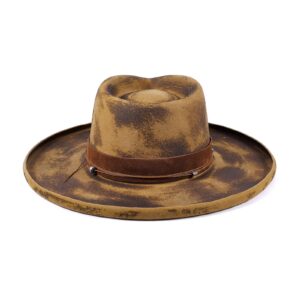 RUEDIGER Pencil Brim Fedora Hat Mens Women Wide Brim Vintage Fedoras 100% Wool Felt Panama Rancher Hat with Lightning Logo Distressed/Burned Handmade