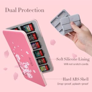 NANANINO Switch Game Case Pink, Cherry Blossoms Pattern Switch Game Card Case with 24 Game Card Slots and 24 Micro SD Card Slots