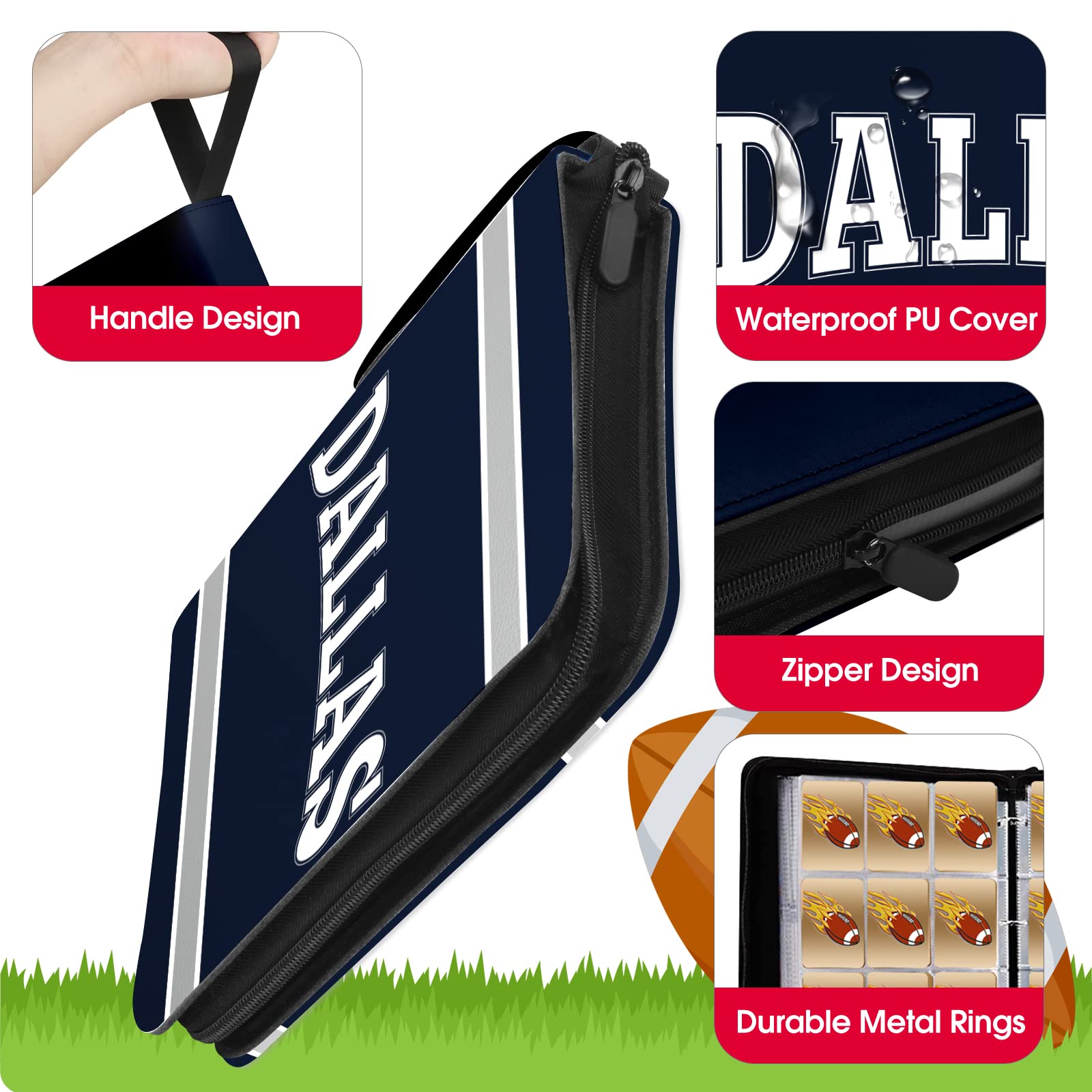 Football Card Binder with Sleeves 900 Pocket, Dallas Football Card Holder for Trading Cards Sports Card 3 Ring Binder Folder Football Collector Album Storage Book Case for Kids Boys Girls Gift (Navy)