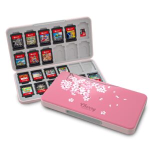 nananino switch game case pink, cherry blossoms pattern switch game card case with 24 game card slots and 24 micro sd card slots