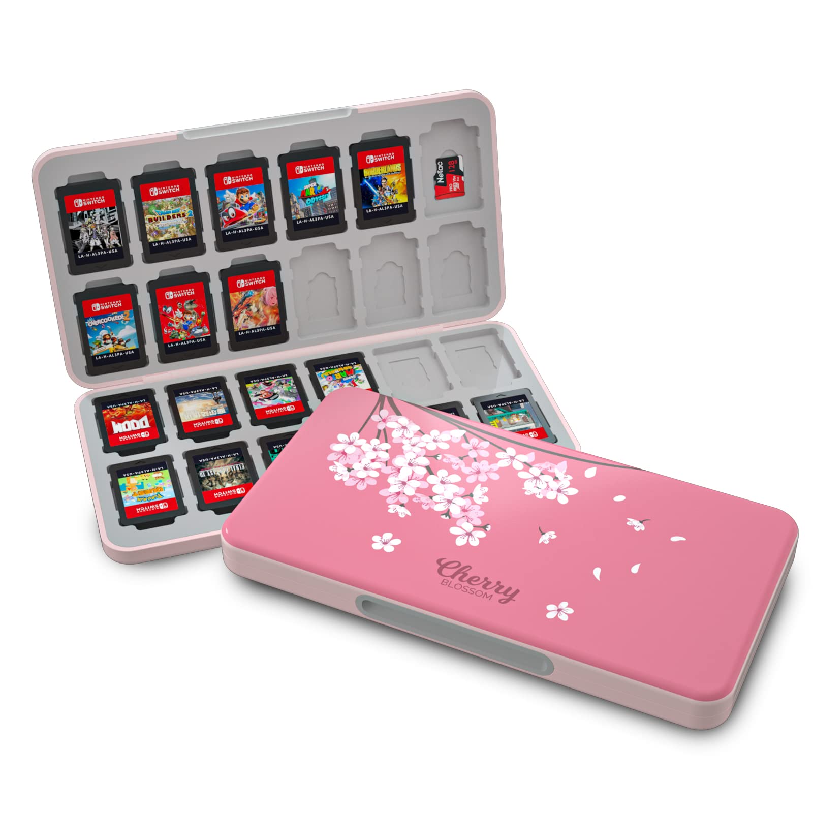 NANANINO Switch Game Case Pink, Cherry Blossoms Pattern Switch Game Card Case with 24 Game Card Slots and 24 Micro SD Card Slots