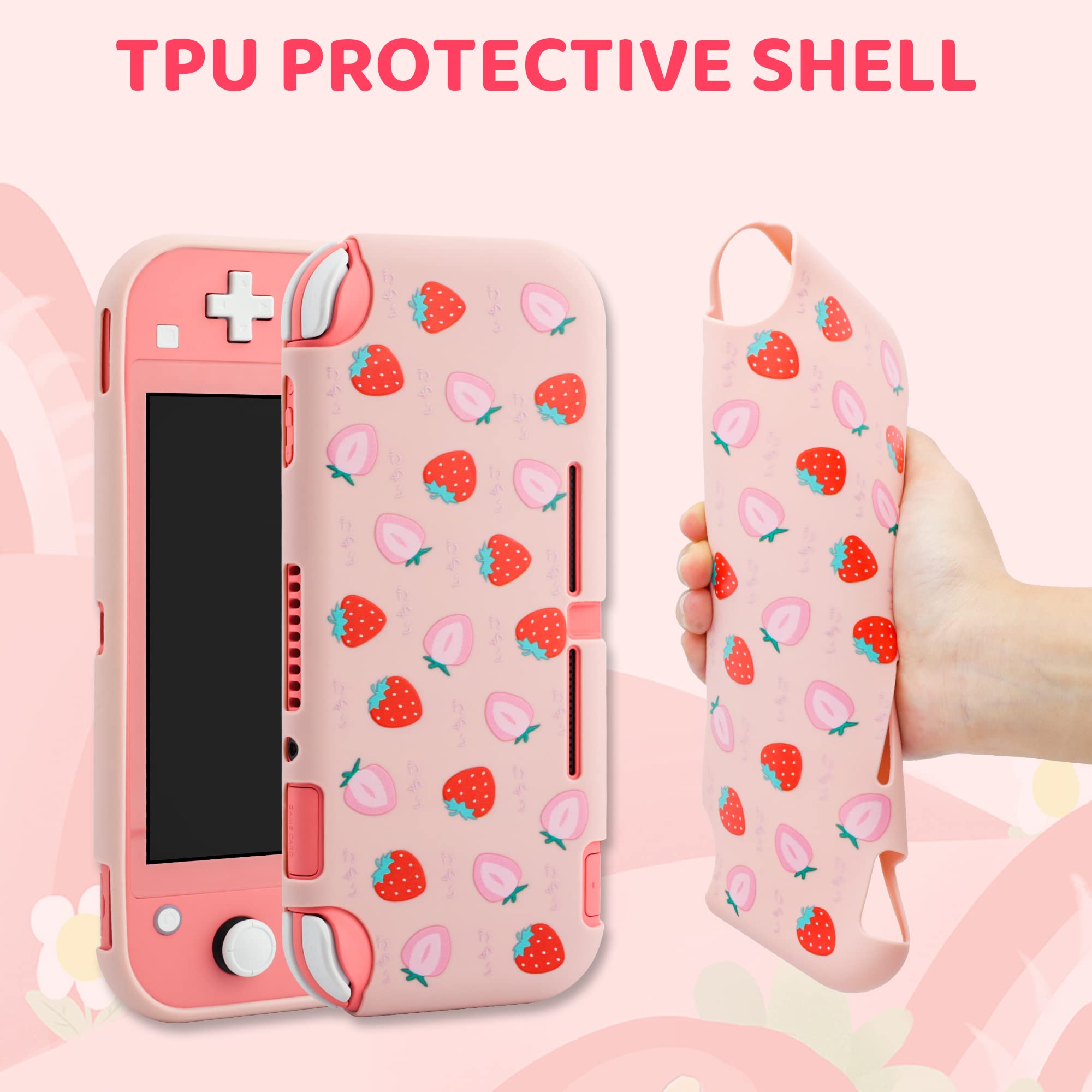 FANPL Case for Nintendo Switch Lite, Cute Pink Strawberry Carrying Case Bundle for Switch Lite Accessories with Soft TPU cover, Adjustable Strap, Screen Protector, Thumb Grip Caps