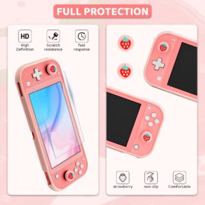 FUNDIARY Pink Carrying Case for Nintendo Switch Lite Accessories, Travel Case Bundle for Switch Lite with Soft TPU Cover, Adjustable Shoulder Strap, Screen Protector and 2 Thumb Caps - Strawberry