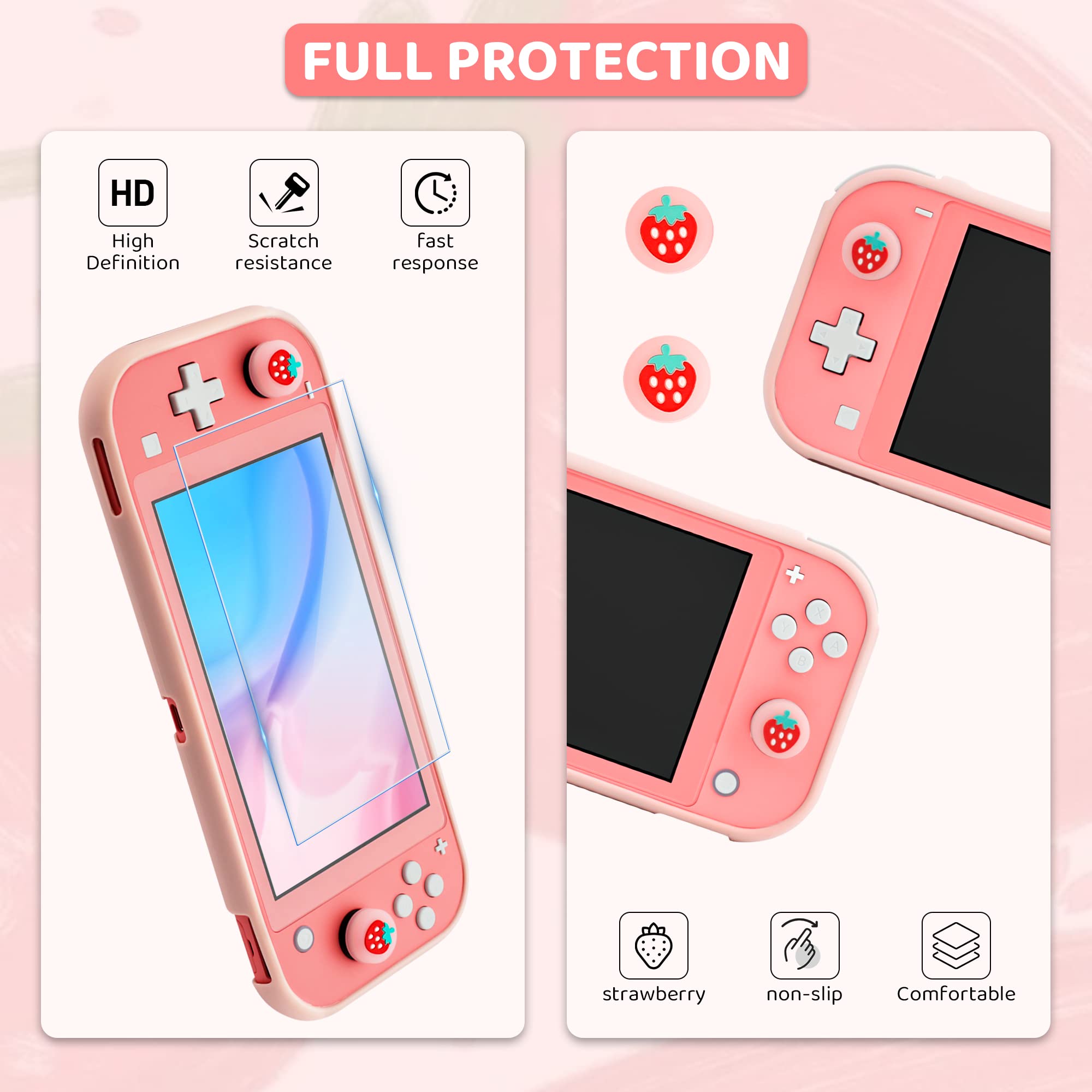 FUNDIARY Pink Carrying Case for Nintendo Switch Lite Accessories, Travel Case Bundle for Switch Lite with Soft TPU Cover, Adjustable Shoulder Strap, Screen Protector and 2 Thumb Caps - Strawberry