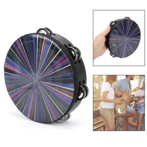 Hand Tambourine, 8 inch Polyester Drum Skin Solid Wood Materials Double Row Percussion Percussion Music Instruments for Kids Adults Church Party(Colorful Rays)