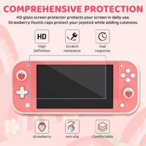 FANPL Case for Nintendo Switch Lite, Cute Pink Strawberry Carrying Case Bundle for Switch Lite Accessories with Soft TPU cover, Adjustable Strap, Screen Protector, Thumb Grip Caps