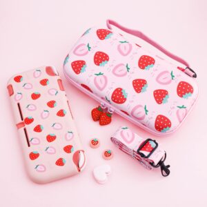 FANPL Case for Nintendo Switch Lite, Cute Pink Strawberry Carrying Case Bundle for Switch Lite Accessories with Soft TPU cover, Adjustable Strap, Screen Protector, Thumb Grip Caps