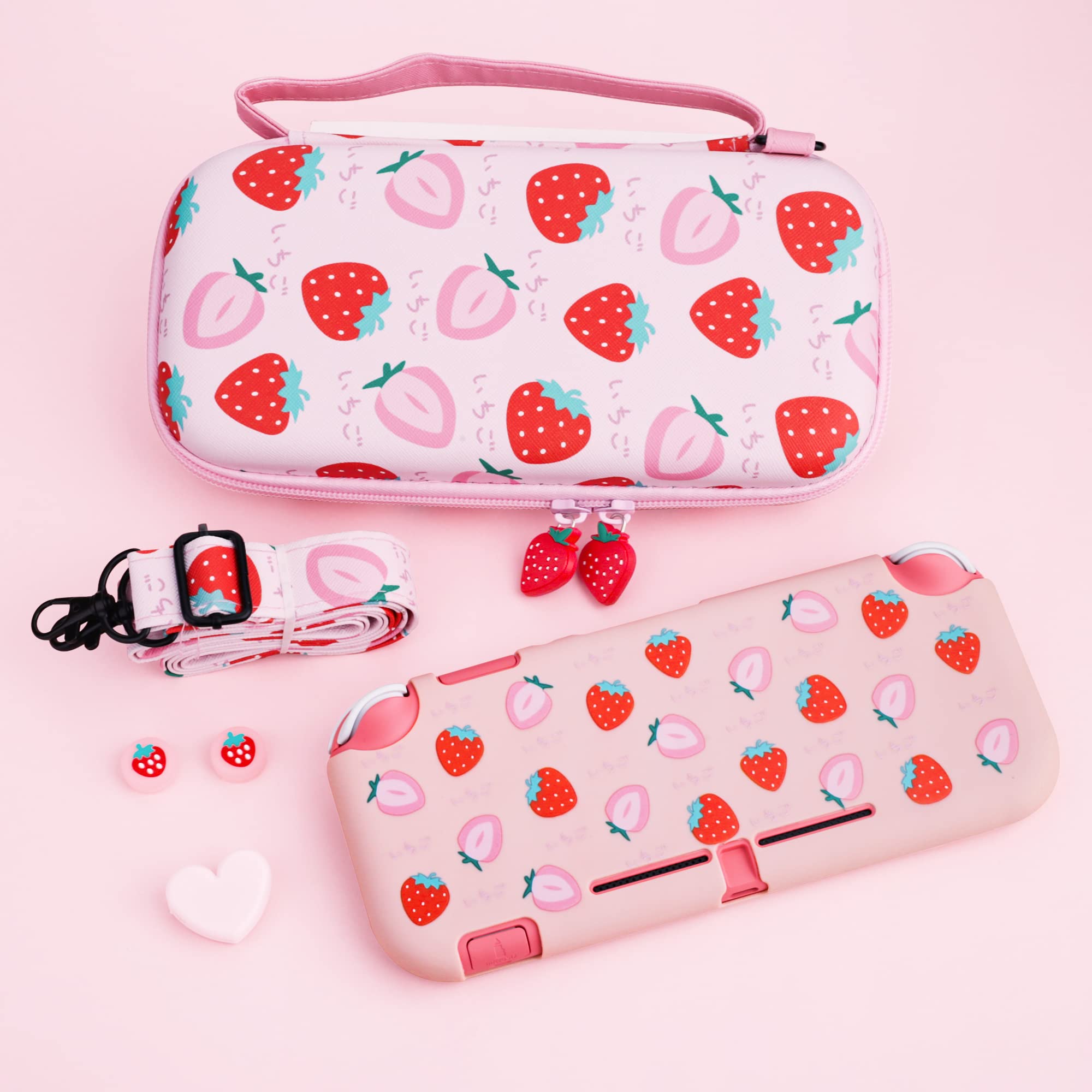 RHOTALL Carrying Case for Nintendo Switch Lite, Cute Case Cover Accessories Bundle for Switch Lite with TPU Protective Shell, Adjustable Shoulder Strap, Screen Protector and 2 Thumb Caps - Strawberry