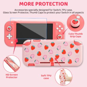 GLDRAM Strawberry Case for Nintendo Switch Lite, Pink Cute Travel Carrying Case for Switch Lite Accessories Bundle with Soft Protective Cover, Screen Protector, Thumb Caps & Shoulder Strap for Girls