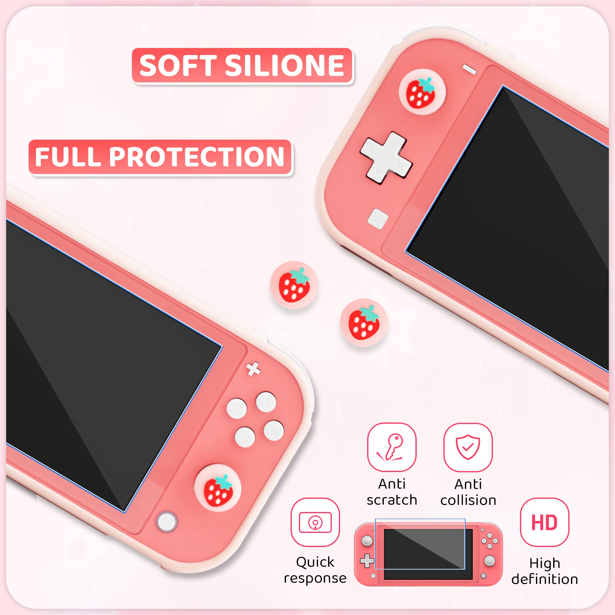 RHOTALL Carrying Case for Nintendo Switch Lite, Cute Case Cover Accessories Bundle for Switch Lite with TPU Protective Shell, Adjustable Shoulder Strap, Screen Protector and 2 Thumb Caps - Strawberry